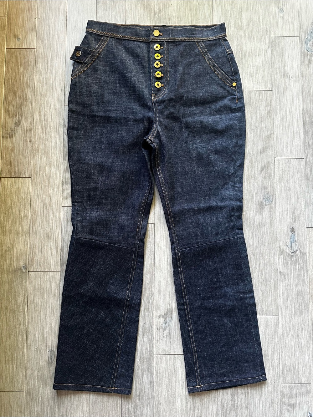 NWOT Ellery Dark Indigo High-Rise Flare Jeans with‎ Gold Buttons Size 29